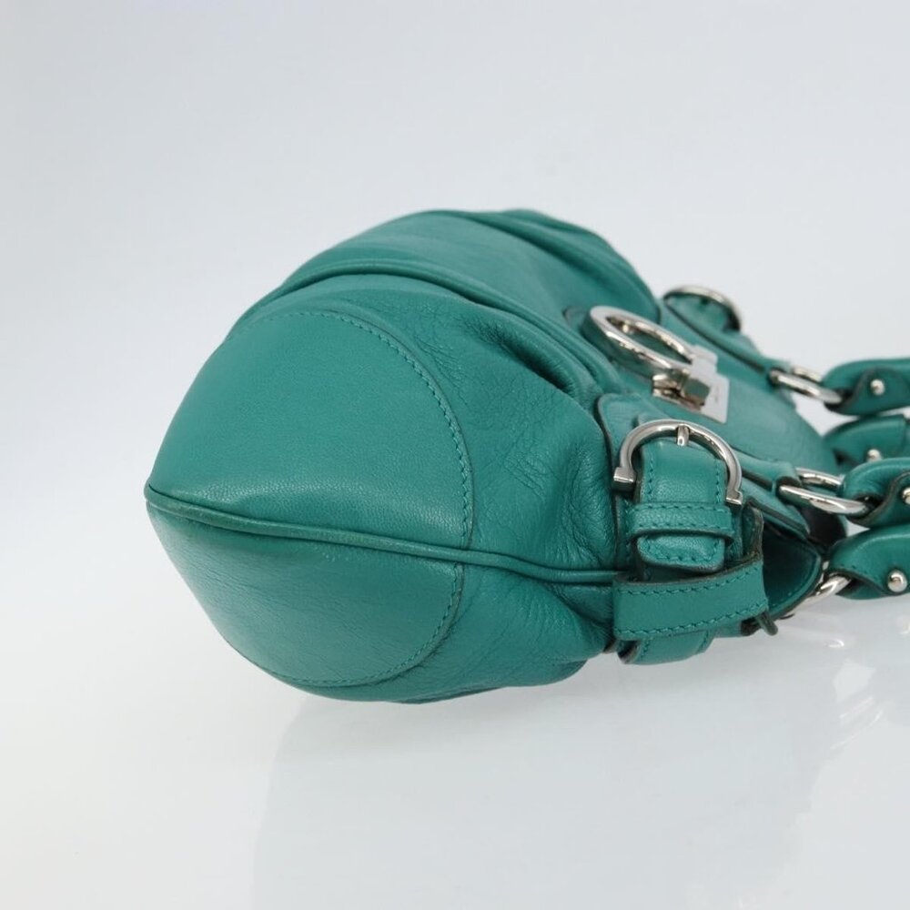 Authentic Salvatore Ferragamo Gancini Shoulder Bag Leather Green Silver - Picture 10 of 16